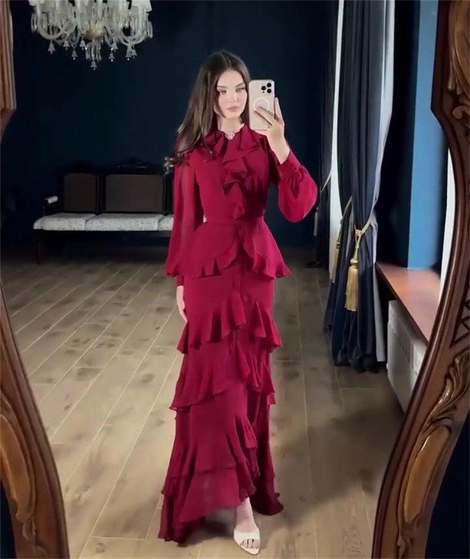 Claret Mesh Long Sleeve Ruffles Pleated Women Evening Party Long Dress