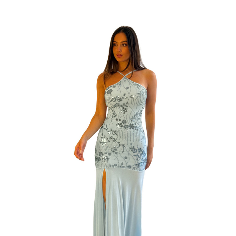 Light Blue Halter Backless Lace Up Sequins Mesh Bodycon Women Party Maxi Dress