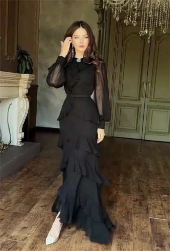 Black Mesh Long Sleeve Ruffles Pleated Women Evening Party Long Dress