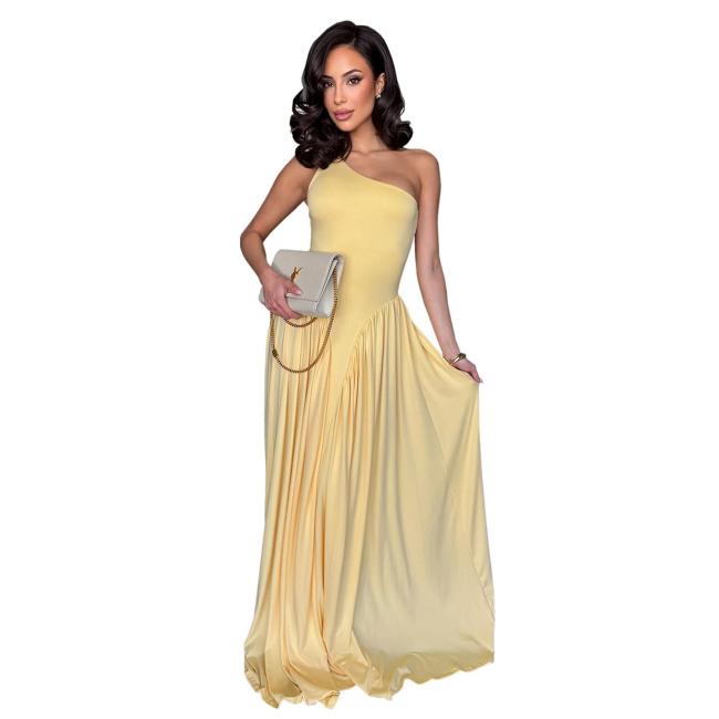 Yellow One Shoulder Pleated Waist Ruched Women Party Holiday Dress