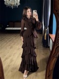 Brown Mesh Long Sleeve Ruffles Pleated Women Evening Party Long Dress