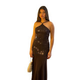 Black Halter Backless Lace Up Sequins Mesh Bodycon Women Party Maxi Dress