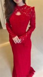 Red Long Sleeve Lace Hollow Out Elegant Women Party Gowns