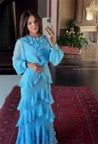 Blue Mesh Long Sleeve Ruffles Pleated Women Evening Party Long Dress