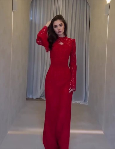 Red Long Sleeve Lace Hollow Out Elegant Women Party Gowns