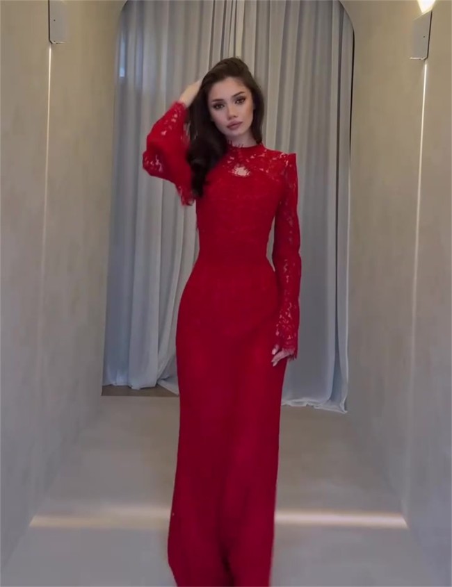 Red Long Sleeve Lace Hollow Out Elegant Women Party Gowns