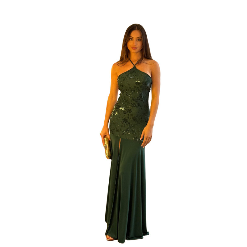 Green Halter Backless Lace Up Sequins Mesh Bodycon Women Party Maxi Dress