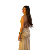 Apricot Halter Backless Lace Up Sequins Mesh Bodycon Women Party Maxi Dress
