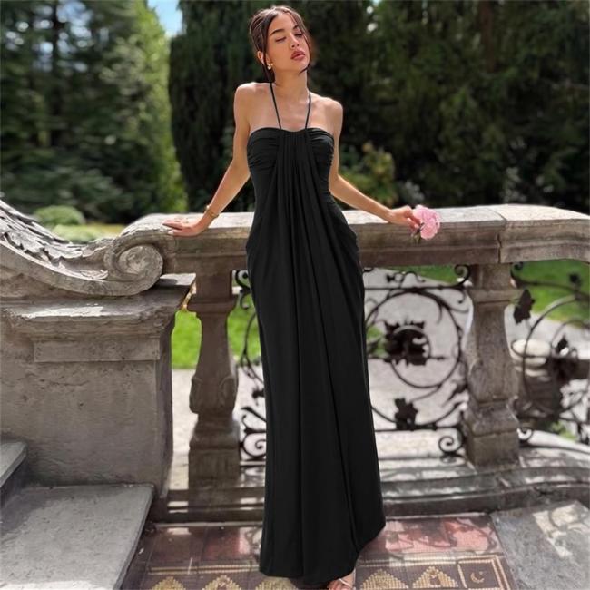 Black Off Shoulder Pleated Women Casual Party Maxi Dress