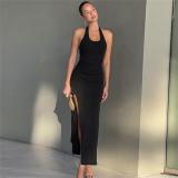 Black Straps Halter Neck Ruffles High Split Women Summer Long Dress