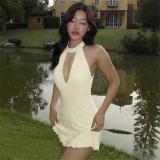 Apricot Halter Neck Sexy Backless Ruched Skirt Summer Club Dress