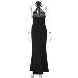 Black Halter V Neck Women Fashion Summer Long Dress