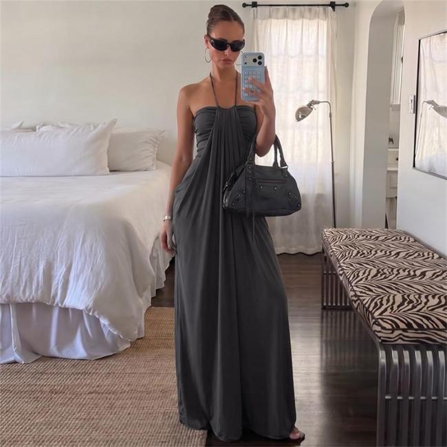 Dark Gray Off Shoulder Pleated Women Casual Party Maxi Dress