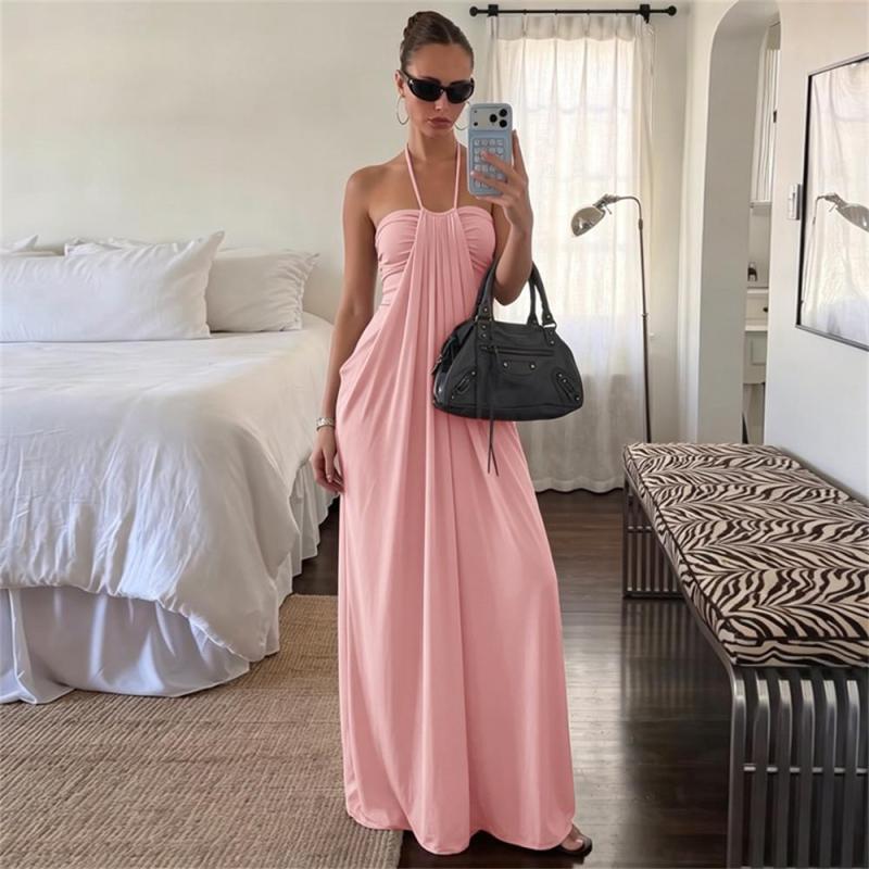 Pink Off Shoulder Pleated Women Casual Party Maxi Dress