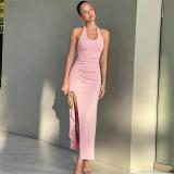 Pink Straps Halter Neck Ruffles High Split Women Summer Long Dress