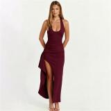 Claret Straps Halter Neck Ruffles High Split Women Summer Long Dress