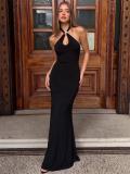 Black Halter V Neck Women Fashion Summer Long Dress