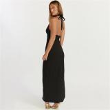 Black Straps Halter Neck Ruffles High Split Women Summer Long Dress