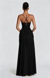 Black Straps  Low Cut Ruched Waist Backless Lace Up Bandage Luxury Dress