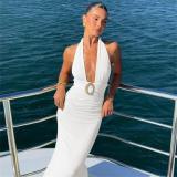 White Halter Neck Deep V Neck Ruched Waist Women Vacation Long Dress