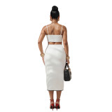 White Two Pieces Sexy Sling Tops Irregular Overskirt Fashion Spliced Skirt Sets