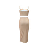 Khaki Two Pieces Sexy Sling Tops Irregular Overskirt Fashion Spliced Skirt Sets