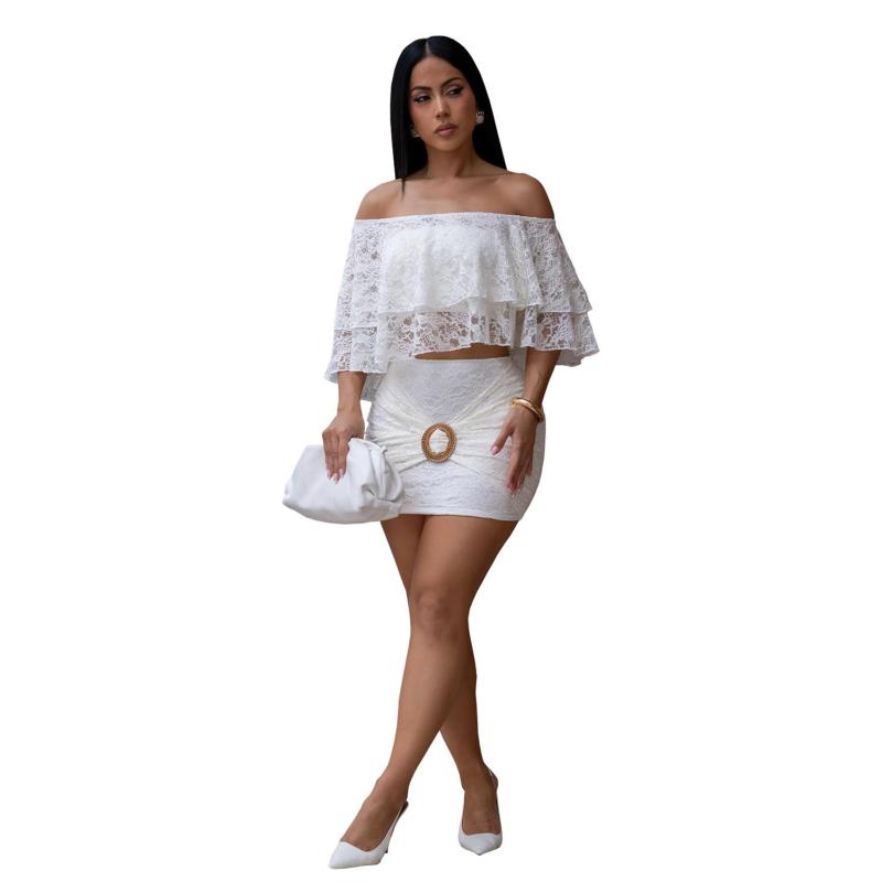 White Off Shoulder Lace Hollow Out Two Pieces Women Bodycon Skirt Dress Sets