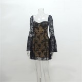 Black Lace Hollow Out Trumpet Sleeve Strapless Sexy Party Mini Dress