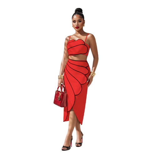 Red Two Pieces Sexy Sling Tops Irregular Overskirt Fashion Spliced Skirt Sets