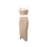Khaki Two Pieces Sexy Sling Tops Irregular Overskirt Fashion Spliced Skirt Sets