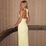 Yellow Halter Neck Deep V Neck Ruched Waist Women Vacation Long Dress