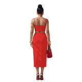 Red Two Pieces Sexy Sling Tops Irregular Overskirt Fashion Spliced Skirt Sets