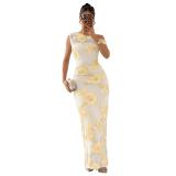 Beige One Shoulder Lace Mesh Embroidery Women Elegant Bodycon Midi Dress