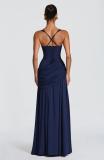 Royal Blue Straps  Low Cut Ruched Waist Backless Lace Up Bandage Luxury Dress