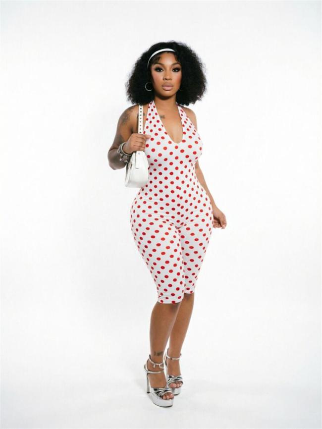 Pink Sleeveless Halter Polka Dot Sexy Stretch Party Women Rompers