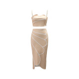 Khaki Two Pieces Sexy Sling Tops Irregular Overskirt Fashion Spliced Skirt Sets