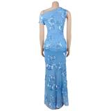 Blue One Shoulder Lace Mesh Embroidery Women Elegant Bodycon Midi Dress