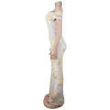 Beige One Shoulder Lace Mesh Embroidery Women Elegant Bodycon Midi Dress