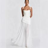 White Straps  Low Cut Ruched Waist Backless Lace Up Bandage Luxury Dress