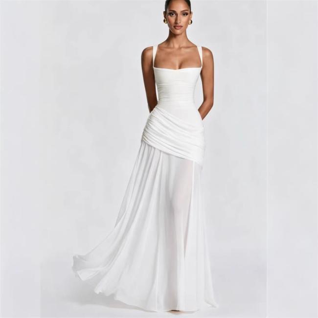 White Straps  Low Cut Ruched Waist Backless Lace Up Bandage Luxury Dress