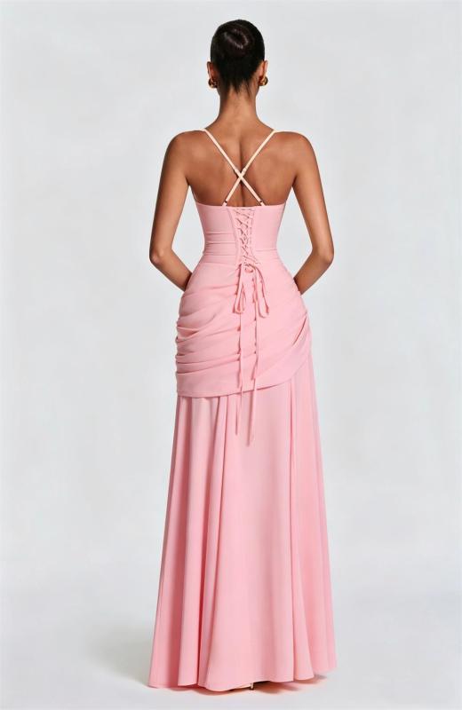 Pink Straps  Low Cut Ruched Waist Backless Lace Up Bandage Luxury Dress