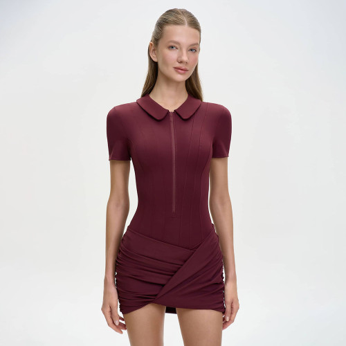 Claret Short Sleeve Zipper Turtle Neck Pleated Bodycon Club Mini Dress