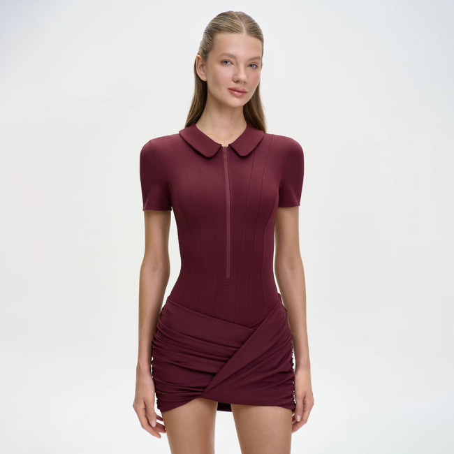 Claret Short Sleeve Zipper Turtle Neck Pleated Bodycon Club Mini Dress
