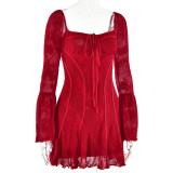 Red Lace Hollow Out Trumpet Sleeve Strapless Sexy Party Mini Dress