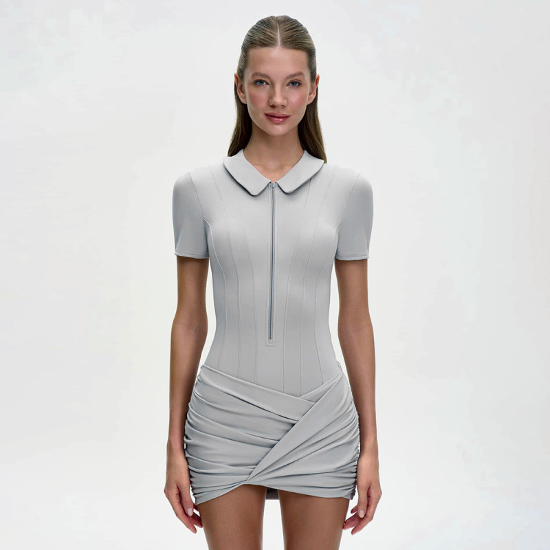 Gray Short Sleeve Zipper Turtle Neck Pleated Bodycon Club Mini Dress