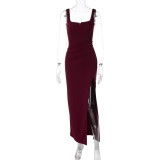 Claret Straps Sexy High Split Women Vacation Long Dress