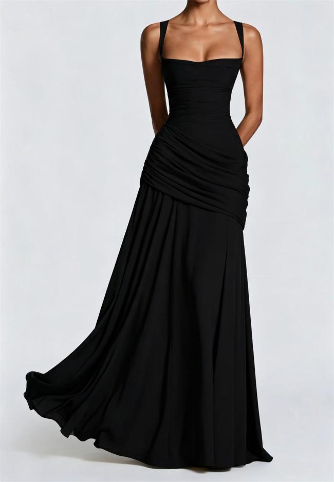 Black Straps  Low Cut Ruched Waist Backless Lace Up Bandage Luxury Dress
