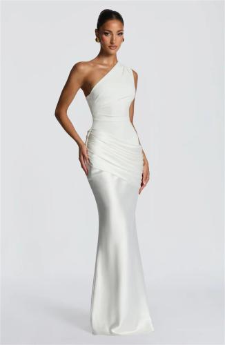 White One Shoulder Strapless Ruched Waist Luxury Women Party Evening Dress