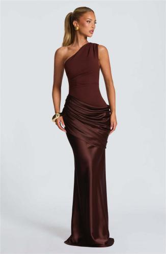 Brown One Shoulder Strapless Ruched Waist Luxury Women Party Evening Dress