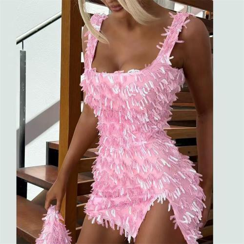 Pink Straps Boat Neck Sequins Tassels Slit Sexy Club Mini Dress